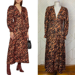 Sandro Leopard Print Silk Twill‎ Maxi Dress Faunie Pintuck 38 US 6 Elegant Chic